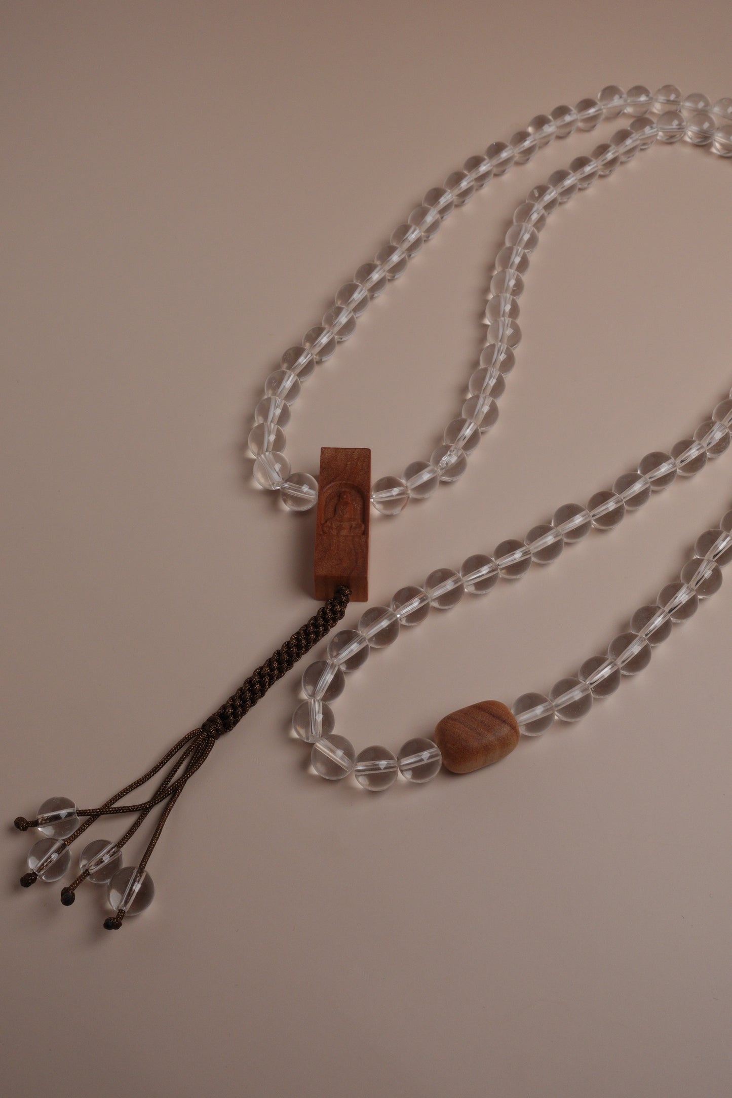 Quiet Mind Mala Necklace – Clear Quartz & Sandalwood 108 Beads