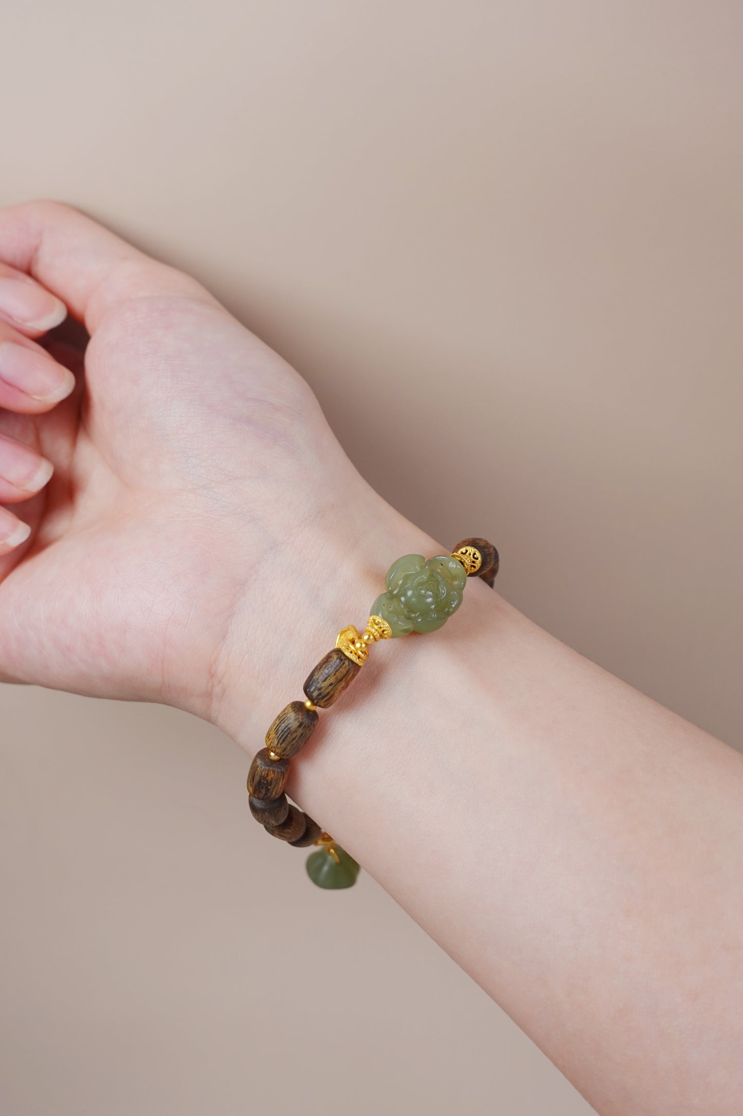 Gold vermeil 'Ten Thousand Taels' charm on jade and agarwood bracelet, feng shui talisman for wealth and abundance