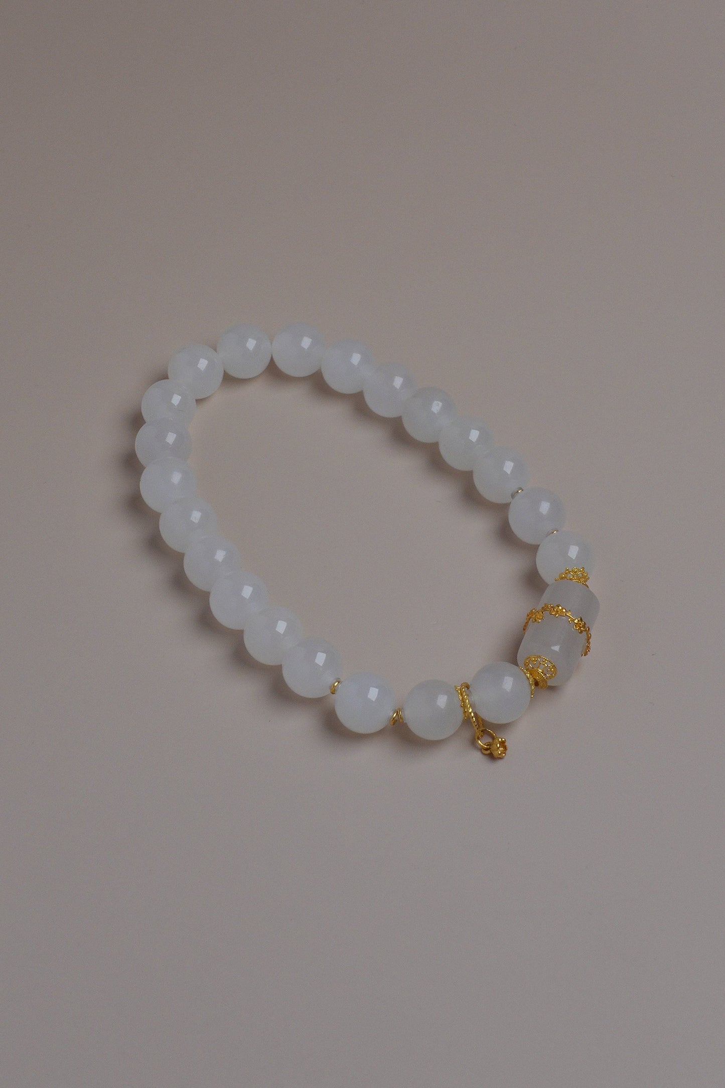 Premium Hetian white jade 8mm bracelet with 18K gold accents