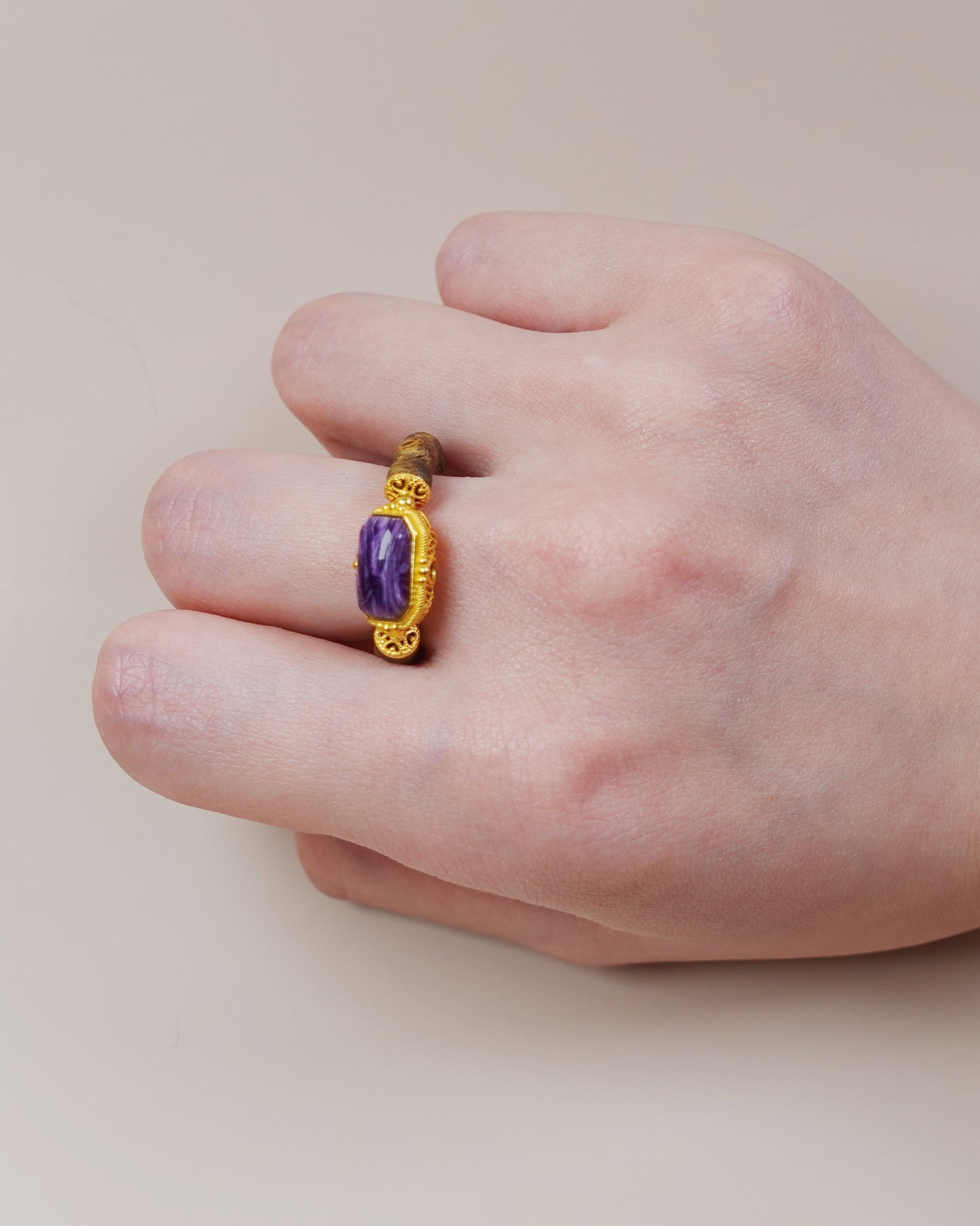 Charoite and agarwood ring with 24k gold vermeil setting, designed for intuition and chakra balance
