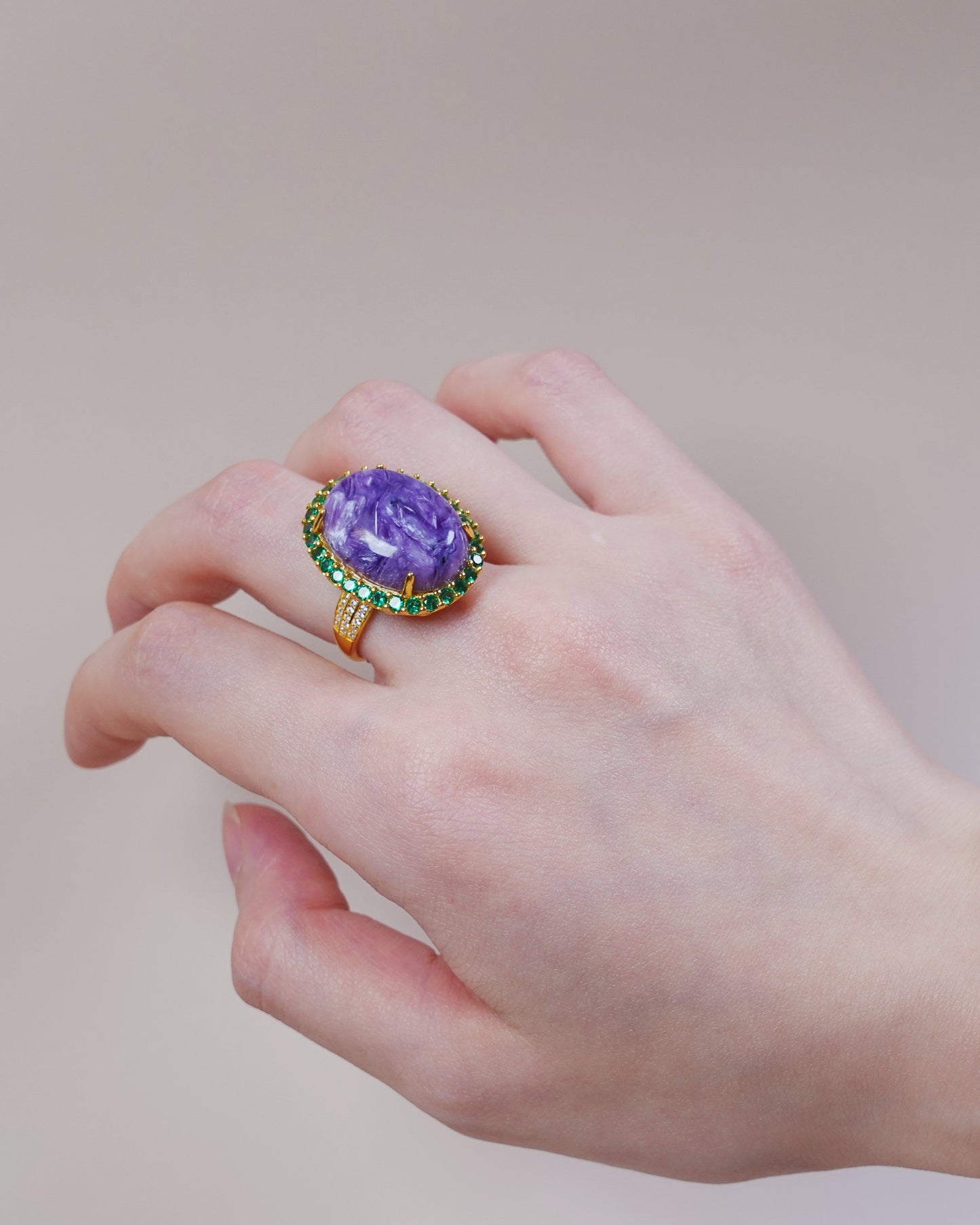 Natural charoite gemstone ring with sterling silver and gold vermeil accents, Third Eye Chakra jewelry
