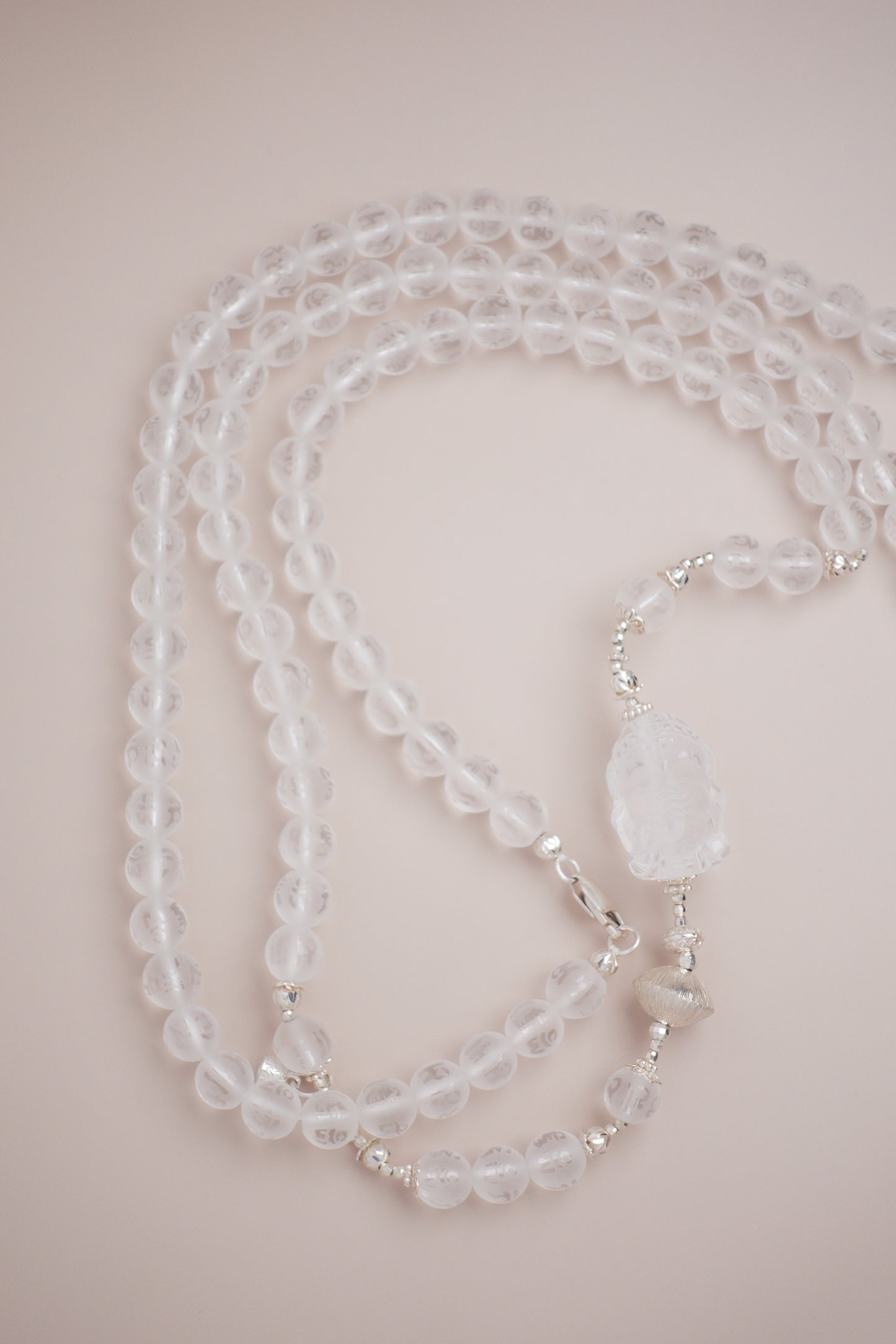 Divine Ganesha frosted mantra quartz necklace with brushed S925 sterling silver beads and lobster clasp.