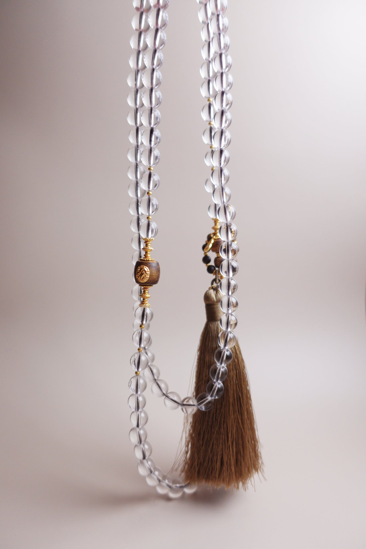 Gold vermeil on silver white quartz and agarwood ‘Guardian’s Whisper’ beaded necklace with protective gourd charm