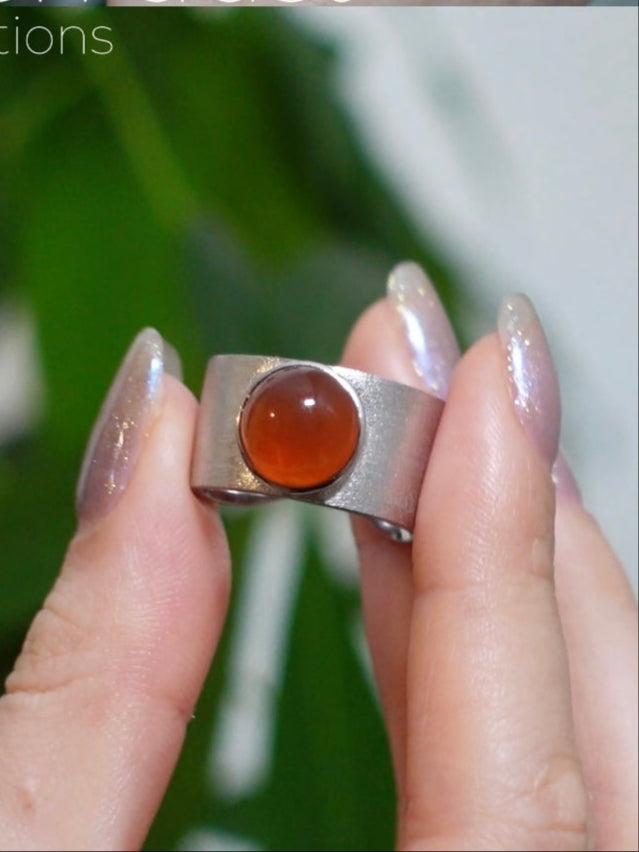 Natural Nanhong red jade ring worn on hand, grounding Root Chakra stone with sterling silver band