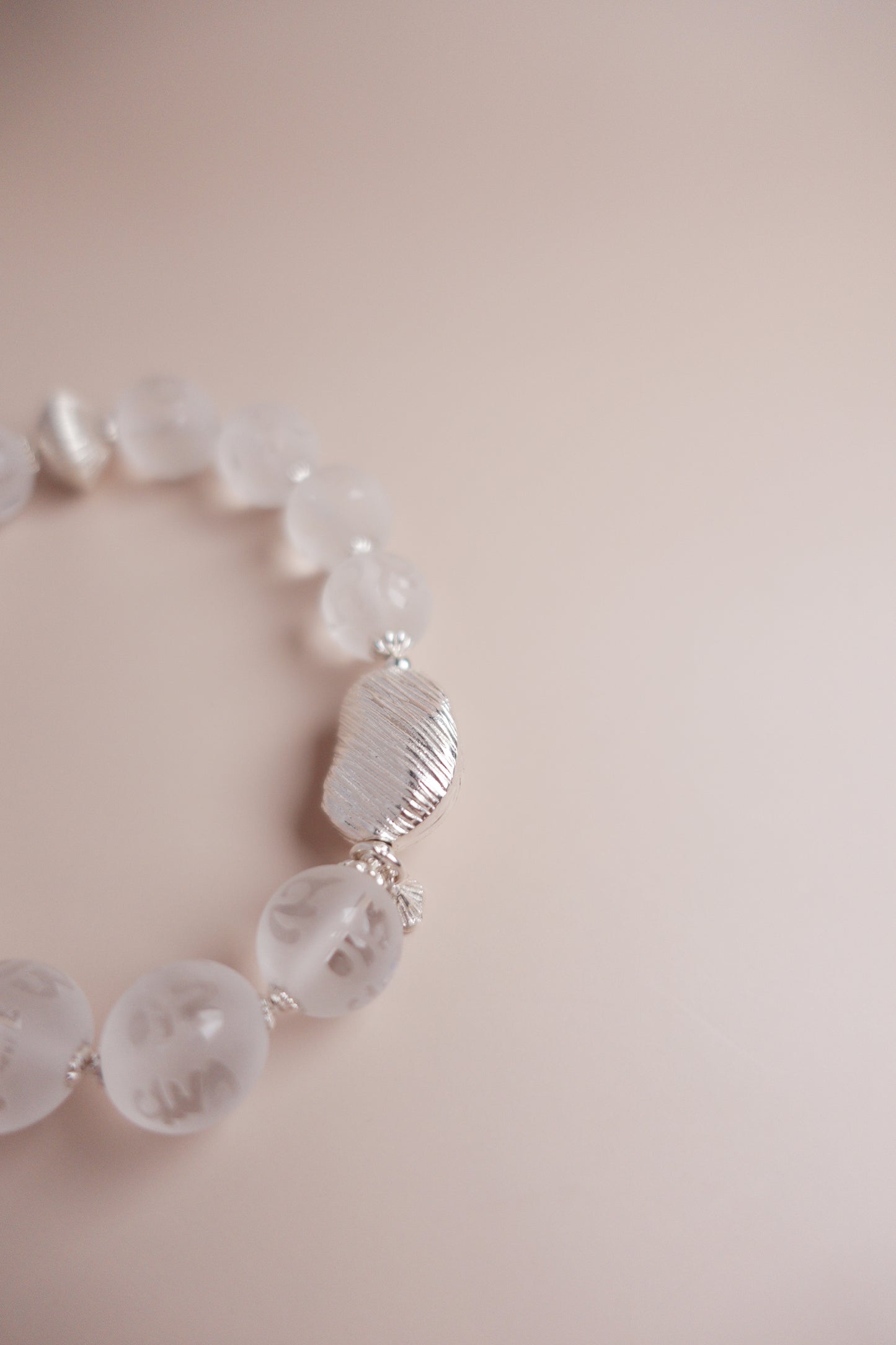 Serenity Mantra frosted quartz & Tara charm bracelet with brushed sterling silver accents