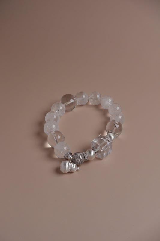 Moon Frost Bracelet – 12mm White Quartz with Silver & Phantom Crystal