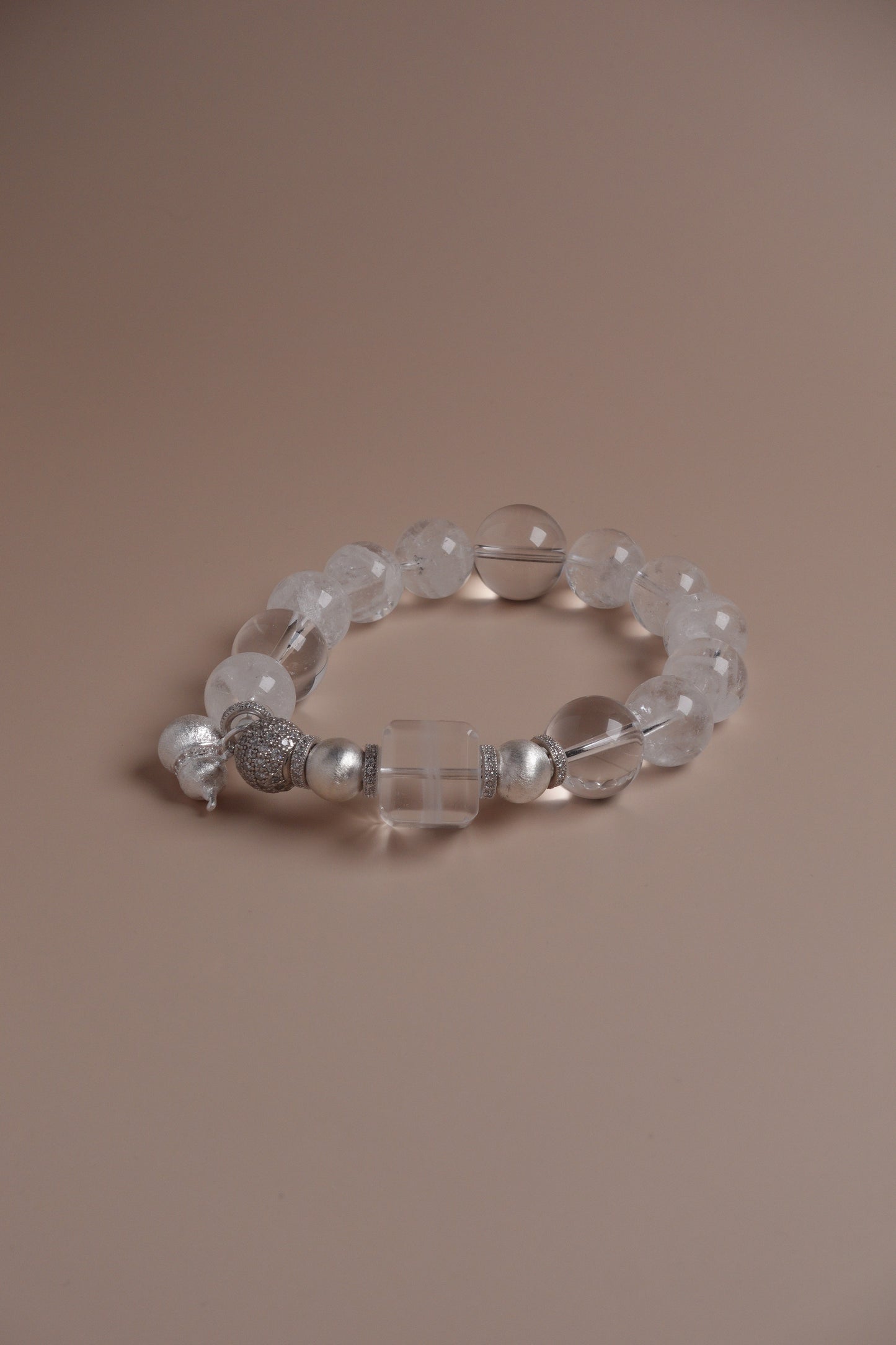 Moon Frost Bracelet – 12mm White Quartz with Silver & Phantom Crystal