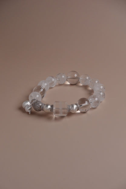 Moon Frost Bracelet – 12mm White Quartz with Silver & Phantom Crystal
