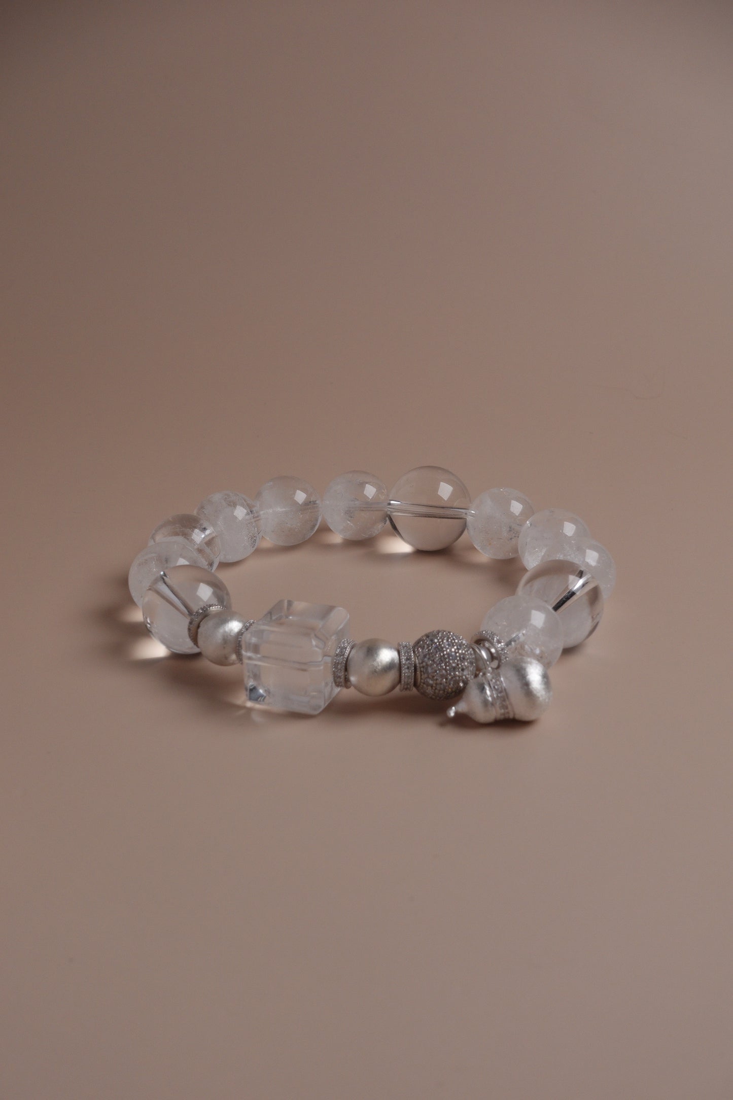 Moon Frost Bracelet – 12mm White Quartz with Silver & Phantom Crystal