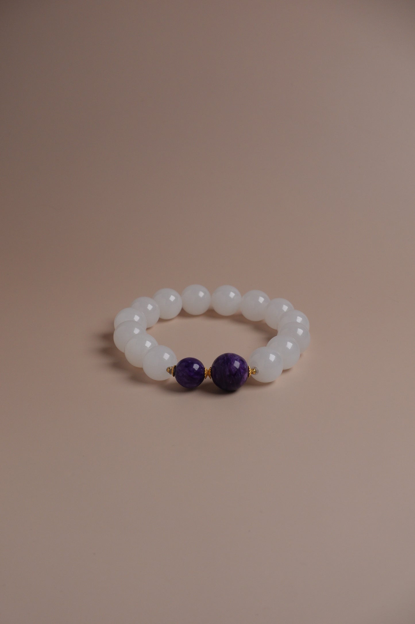 Moon & Mulberry Bracelet – White Jade and Purple Charolite with 18k Gold