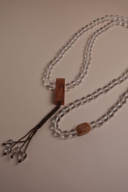 Quiet Mind Mala Necklace – Clear Quartz & Sandalwood 108 Beads