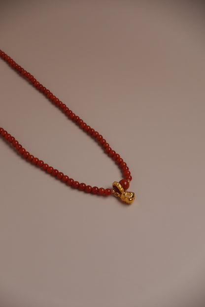 Ember Blessing Necklace – Nanhong Flame Beads & 18K Gold Gourd