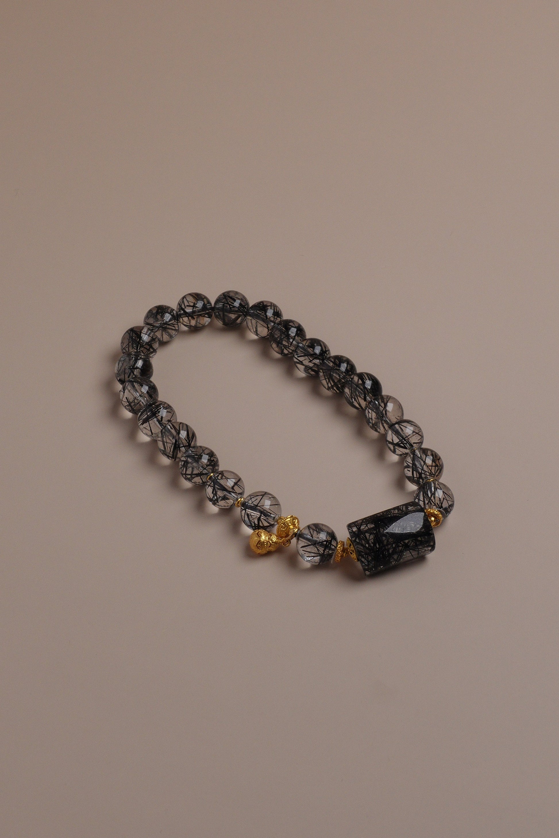 Shadow Lines Bracelet black rutilated quartz 7mm with 18K gold accents