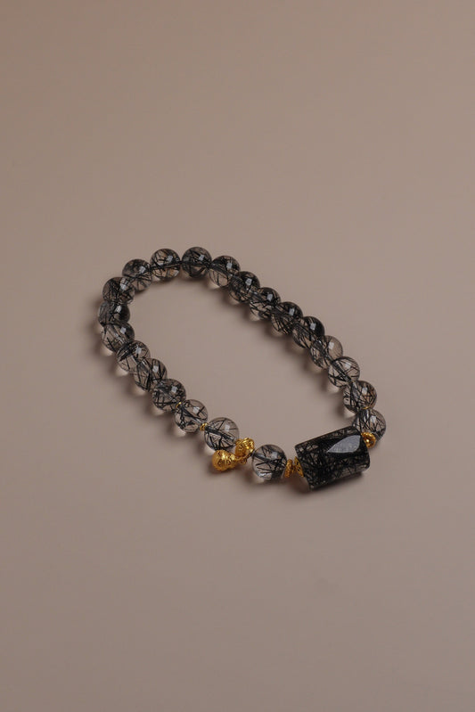 Shadow Lines Bracelet black rutilated quartz 7mm with 18K gold accents