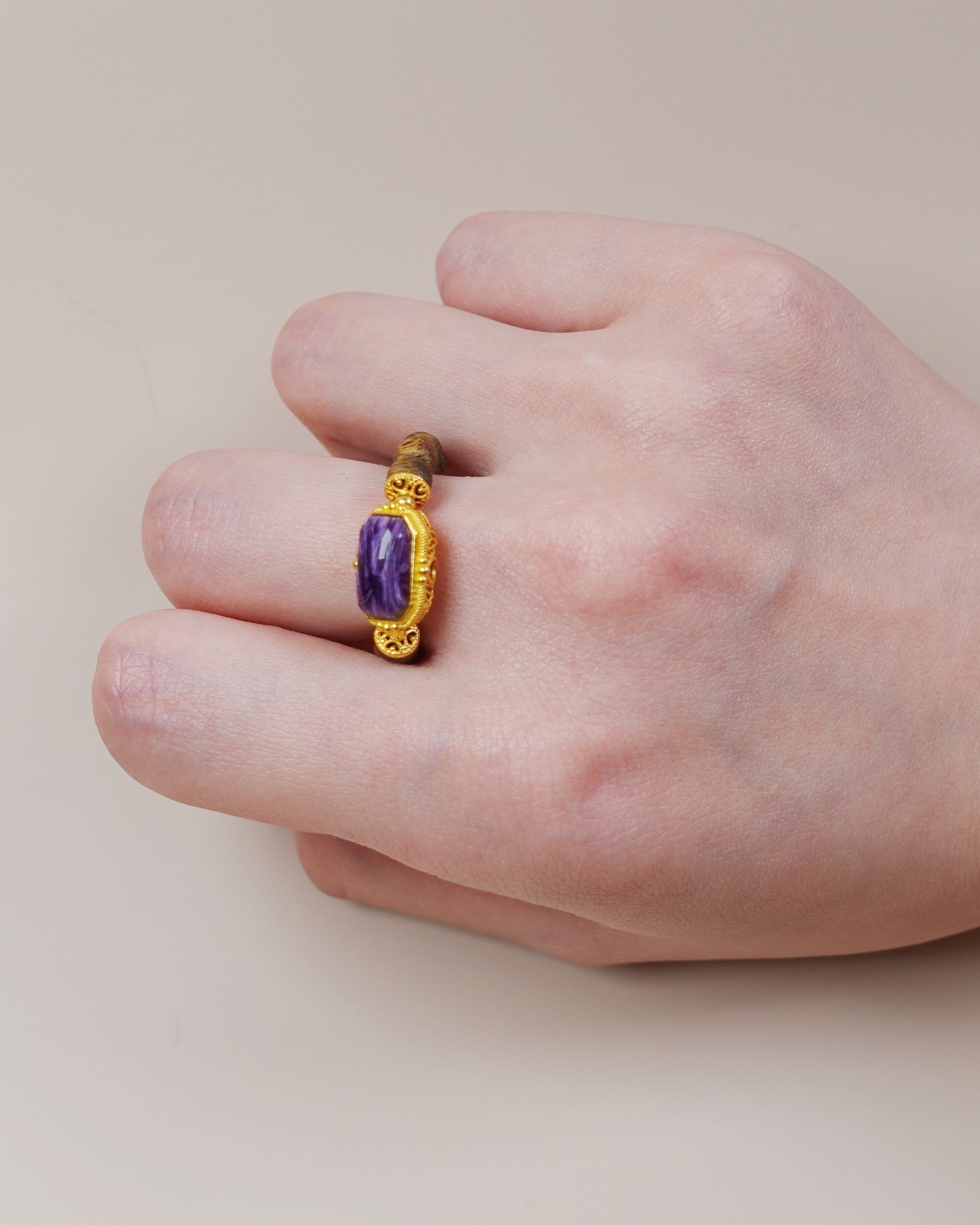 Charoite and agarwood ring with 24k gold vermeil setting, designed for intuition and chakra balance