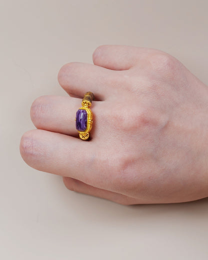 Charoite and agarwood ring with 24k gold vermeil setting, designed for intuition and chakra balance