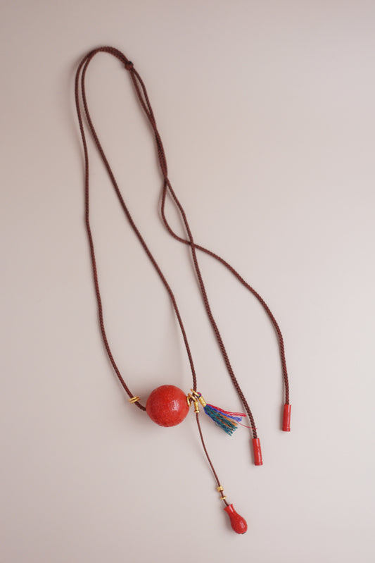 Coffee-cord necklace with 22 mm hand-carved cinnabar ‘Full Blessing’ pendant, cloud-pattern vase motif, Tibetan mini tassel & gold-vermeil