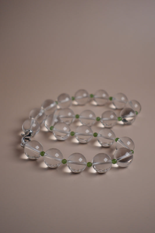 Clarity Bloom necklace with 15mm Brazilian quartz and green garnet beads