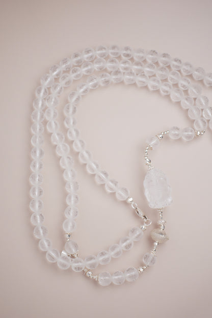 Divine Ganesha frosted mantra quartz necklace with brushed S925 sterling silver beads and lobster clasp.