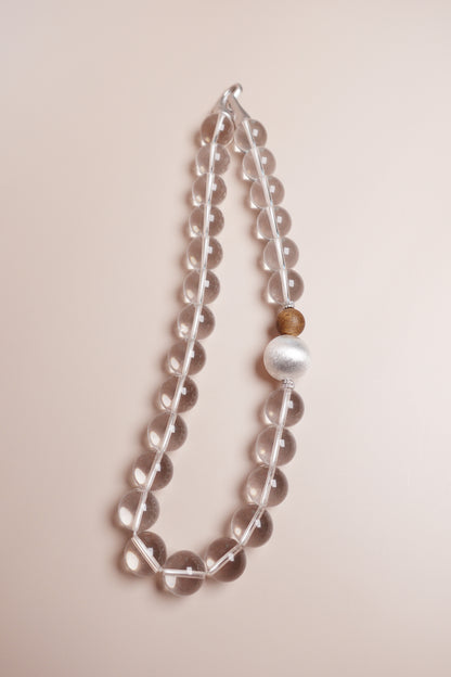white crystal choker with agarwood and silver bead